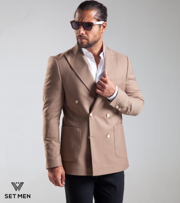 کت تک مردانه دبل برست یقه بلیزر نیم آستر شش دکمه دوچاک