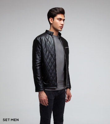 کاپشن چرم لوزی جیب زیپ دار