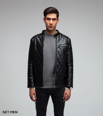 کاپشن چرم لوزی جیب زیپ دار