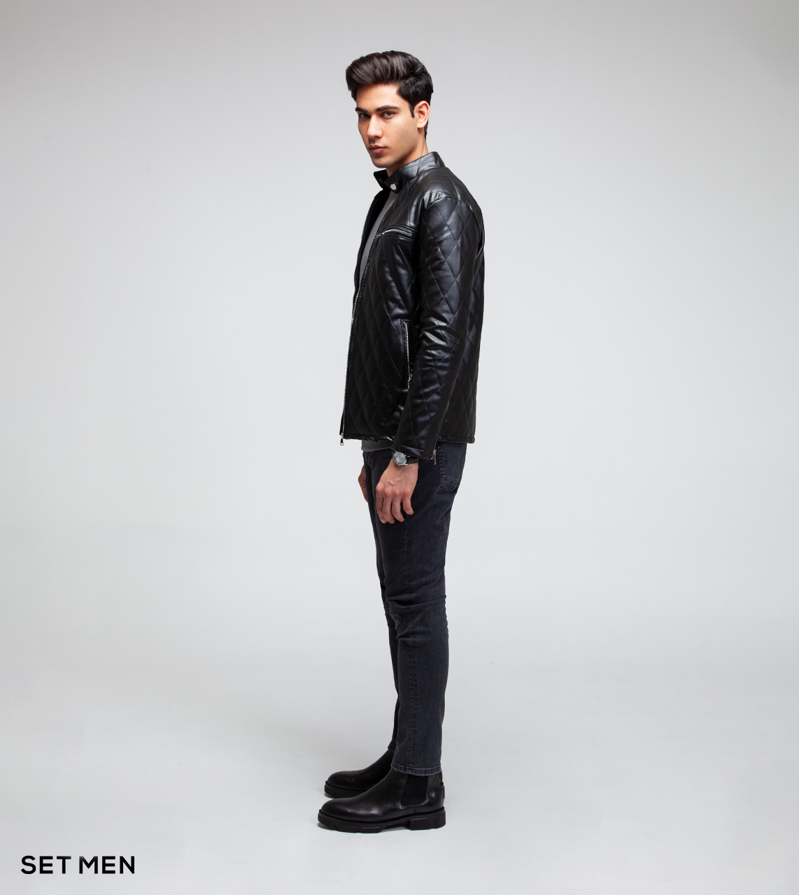 کاپشن چرم لوزی جیب زیپ دار