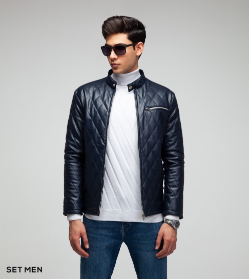 کاپشن چرم لوزی جیب زیپ دار