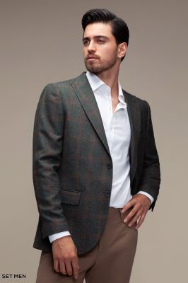 کت تک مردانه چهارخانه یقه بلیزر دودکمه دوچاک