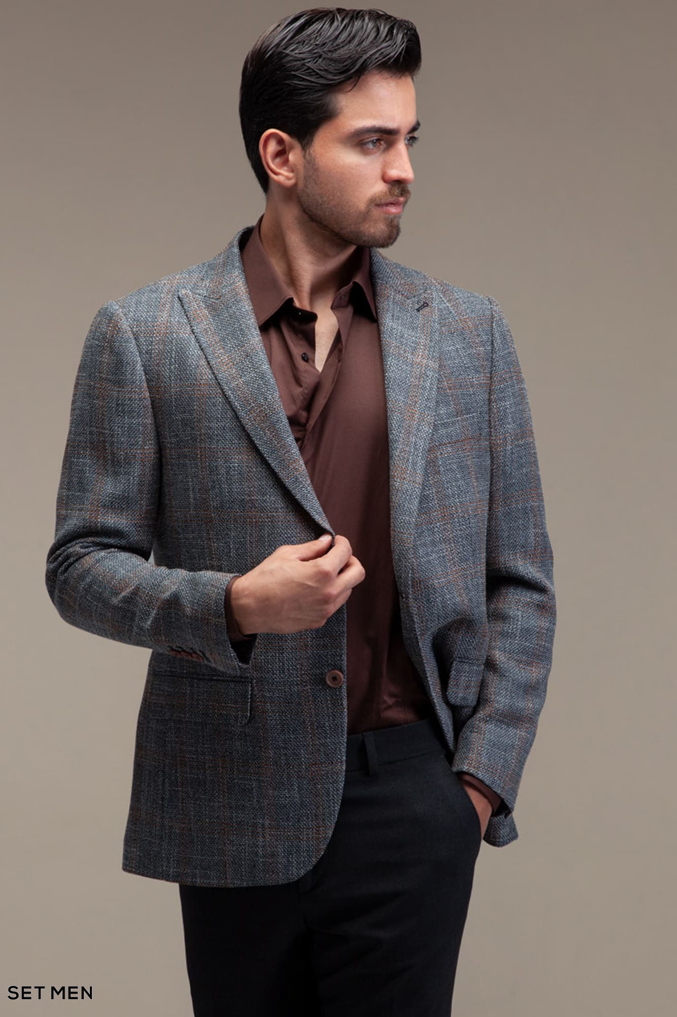 کت تک مردانه چهارخانه یقه بلیزر دودکمه دوچاک