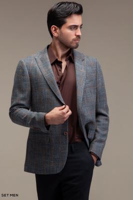 کت تک مردانه چهارخانه یقه بلیزر دودکمه دوچاک