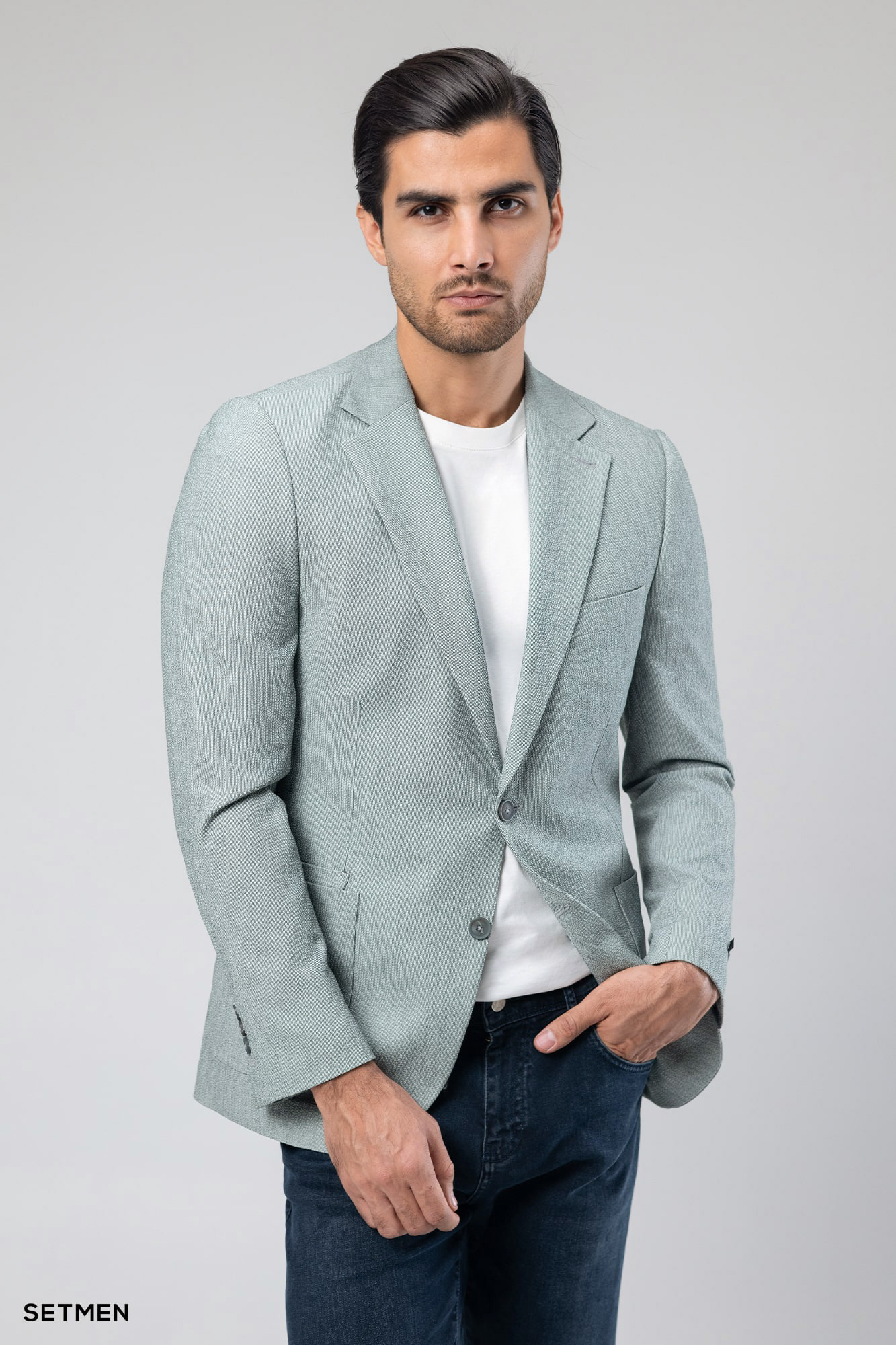 کت تک مردانه دودکمه نیم آستر پارچه GOFRE