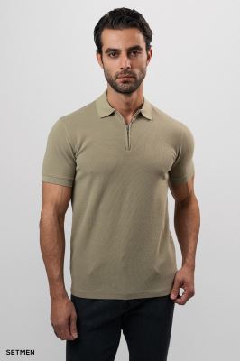 تیشرت یقه نیم زیپ سوزنی ساده