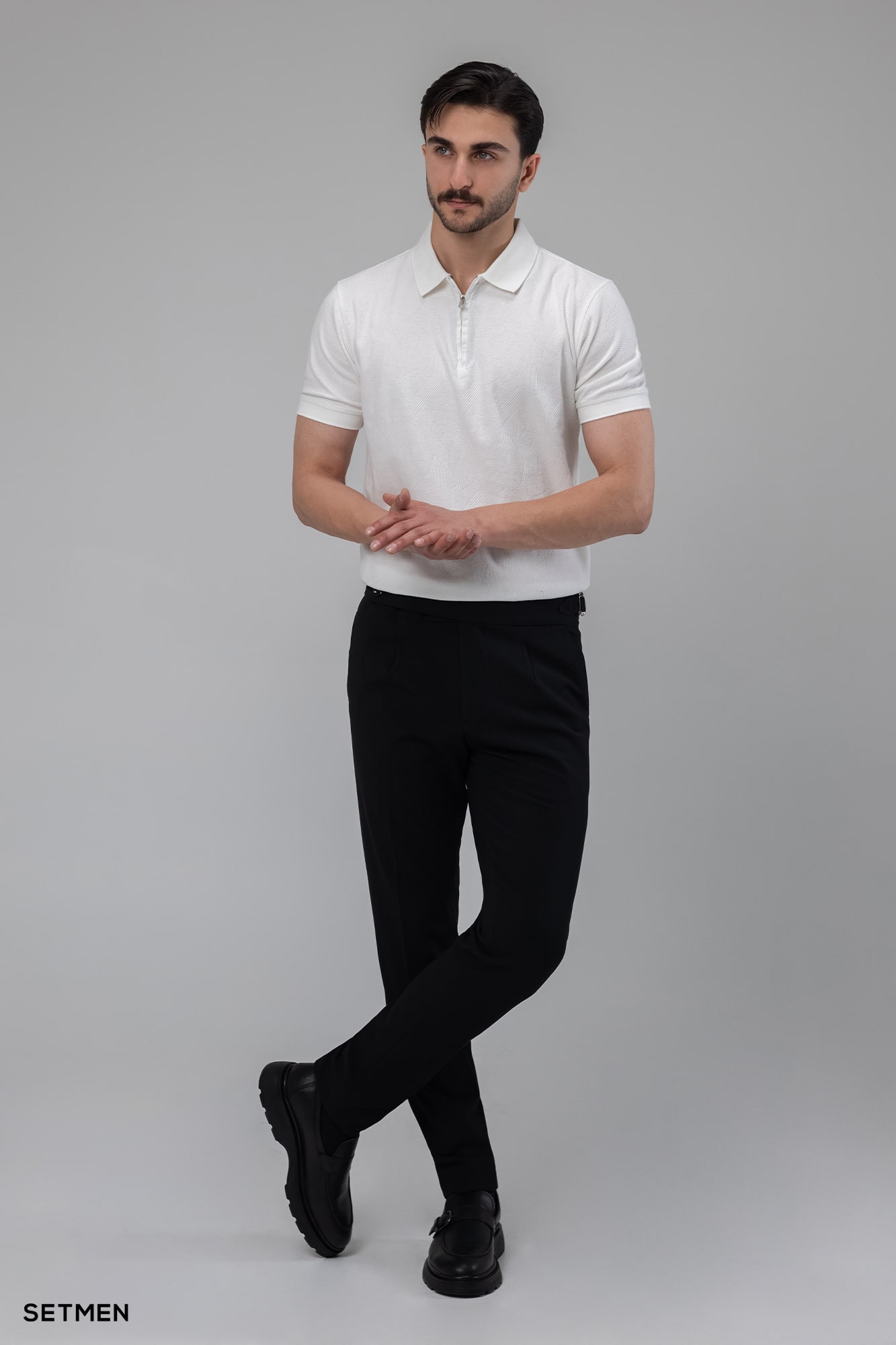 تیشرت یقه دار نیم زیپ ژاکارد اولد مانی