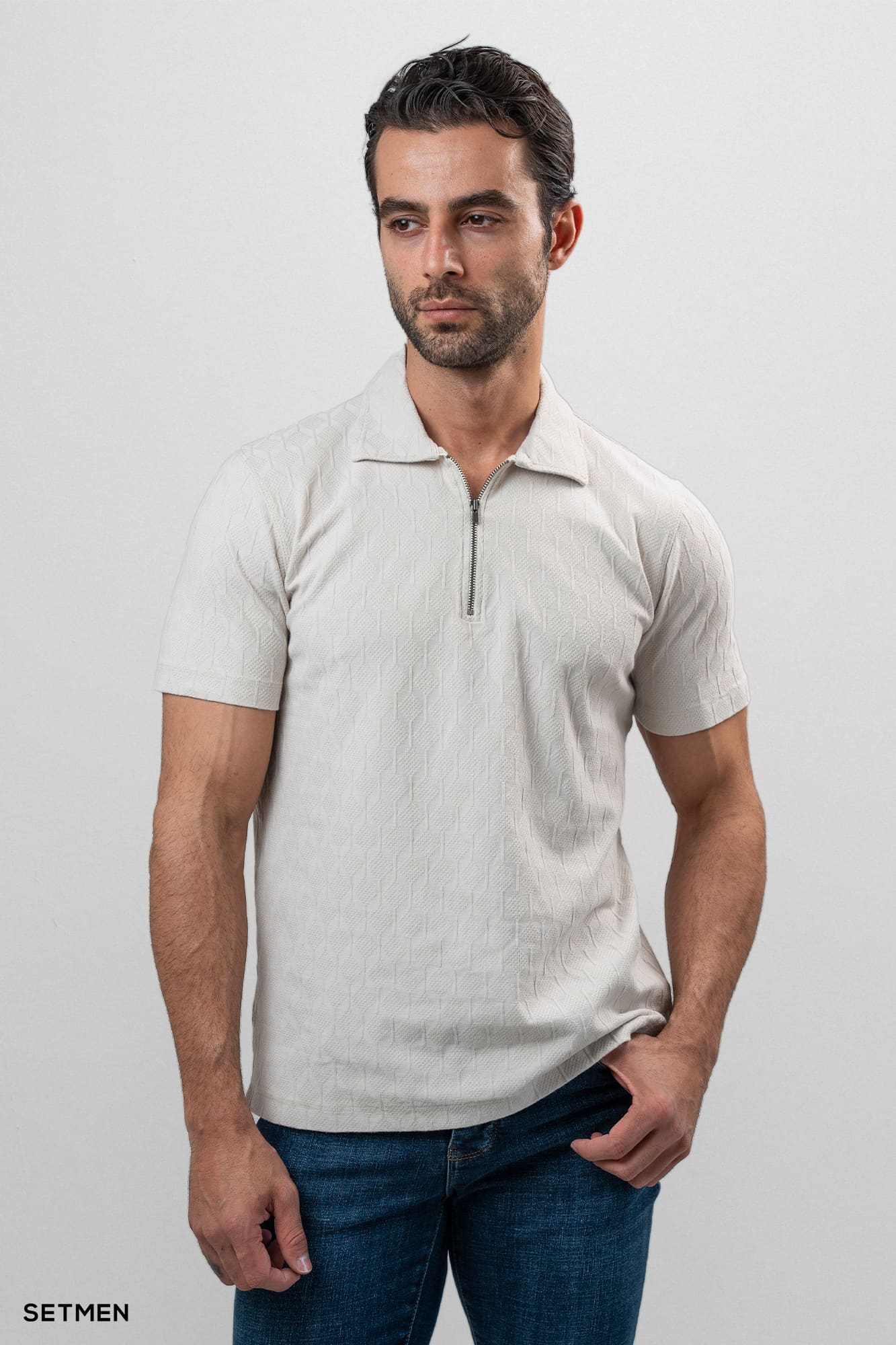 تیشرت یقه نیم زیپ ژاکارد