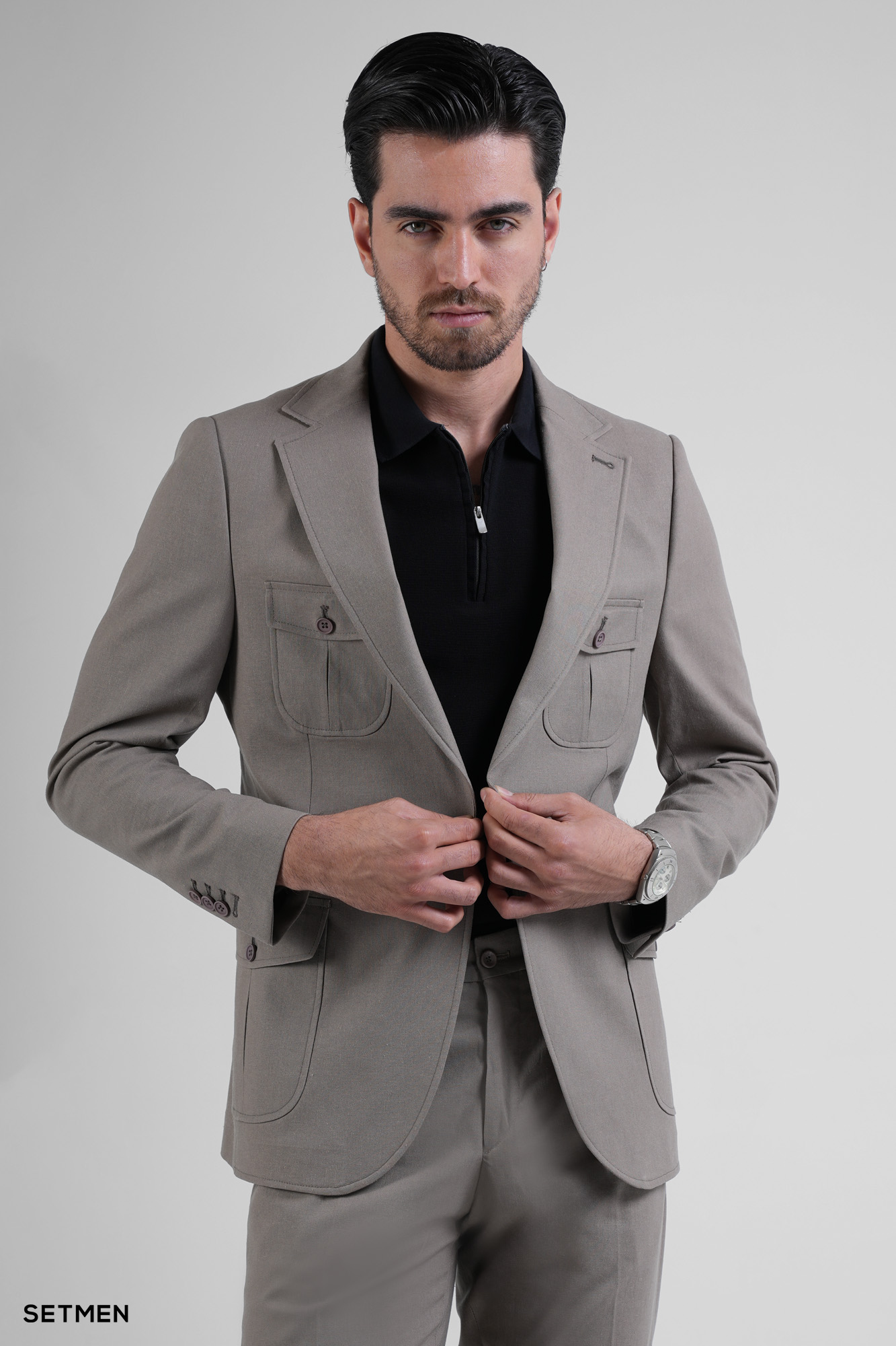 کت تک مردانه نیم آستر لینن سافاری